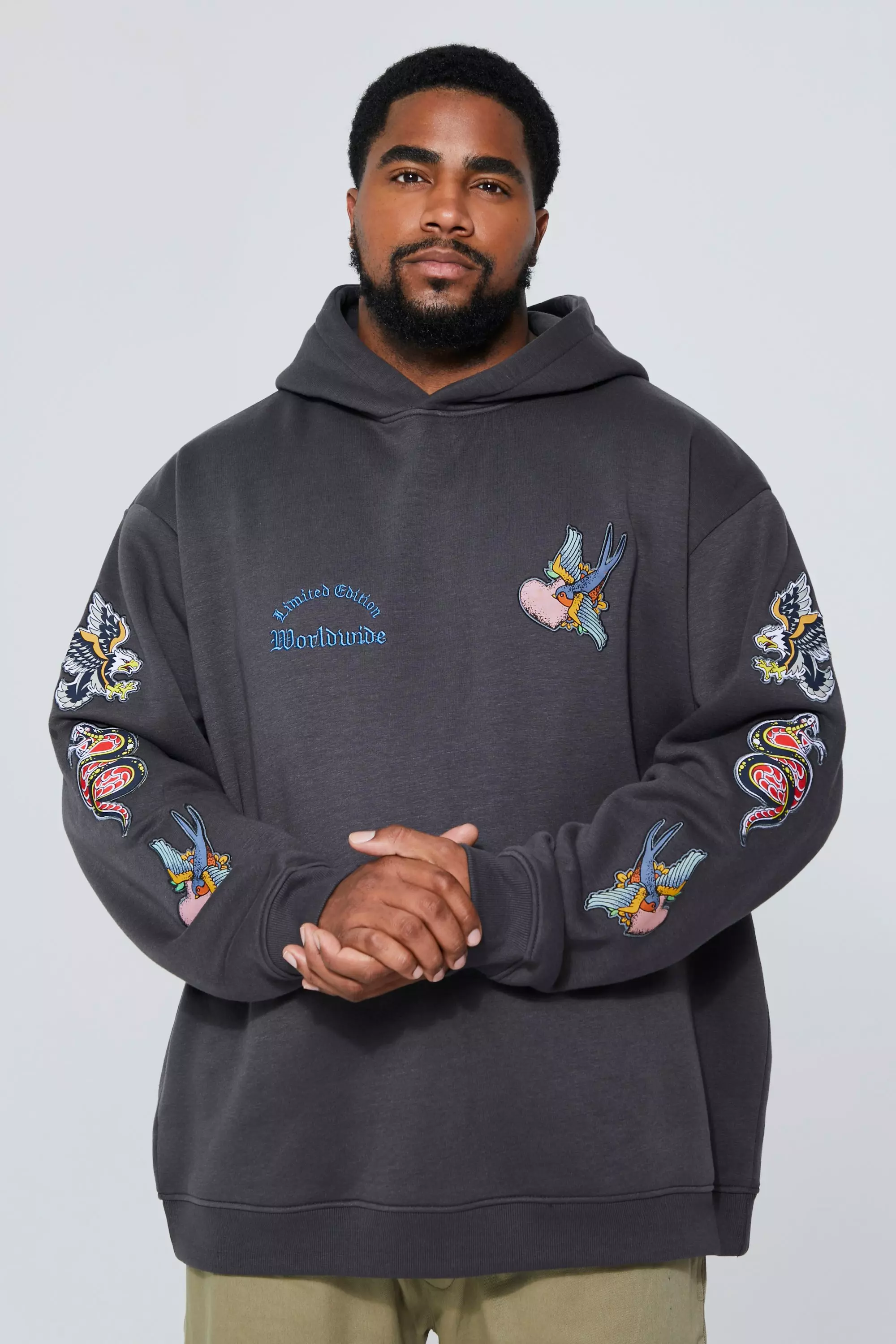 Plus Loose Fit Eagle Applique Hoodie | boohooMAN USA